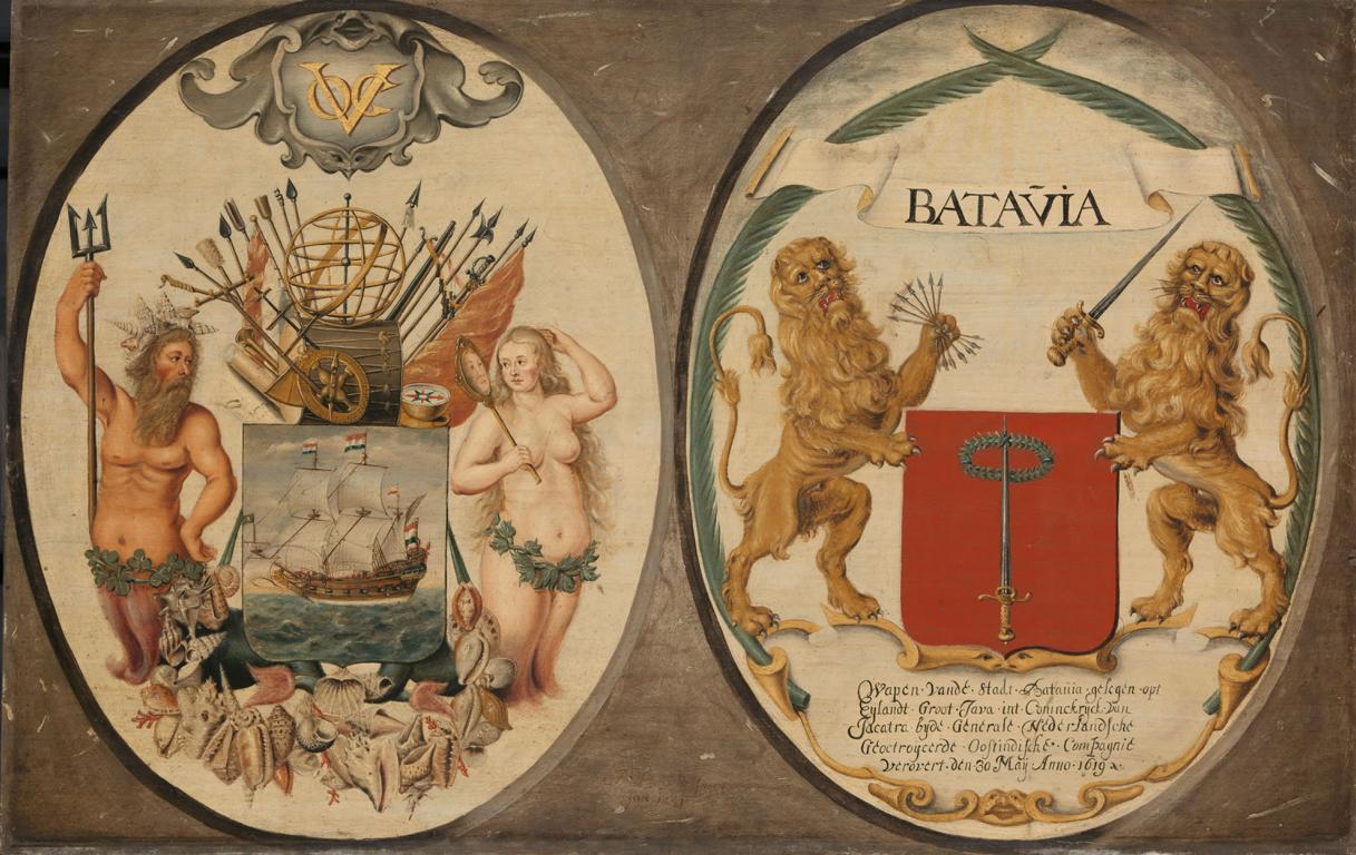 The Arms of the Dutch East India Company and of the Town of Batavia, Jeronimus Becx (II), 1651. Acervo Rijkmuseum
