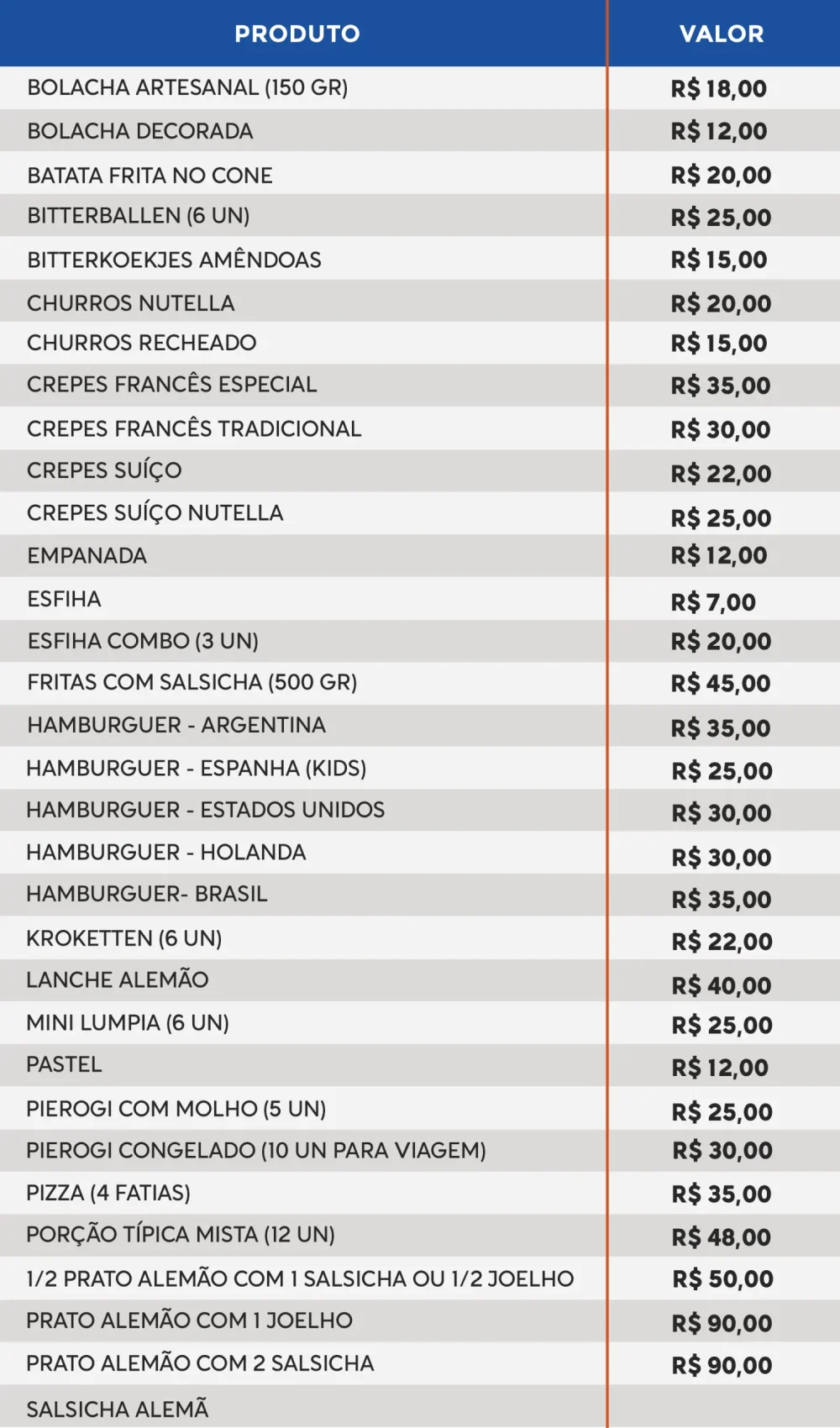 CARDÁPIO PRODUTOS 11ª FESTA DOS IMIGRANTES MPHC